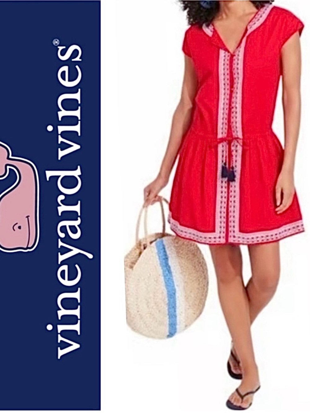 Vineyard Vines Red Embroidered Tassel Mini Dress XS Game Day